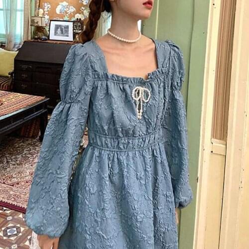 Japanese Soft Fairy Dress Women Ruffles Puff Sleeve Slim Elegant Princess Dress Female Blue Sexy Korean Party Dresses 2021 Sweet