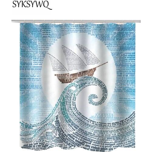 Letters Ocean Wave Shower Curtain Blue Boat Ship Sail English Text Bathroom Curtain Waterproof Fabric Cortina Ducha Boat On Wave