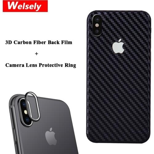 Rear Back cover Protector 3D Carbon Fiber Film + Rear Camera Lens Protective Ring Cover for iPhone X ten 10 non-slip Accessories