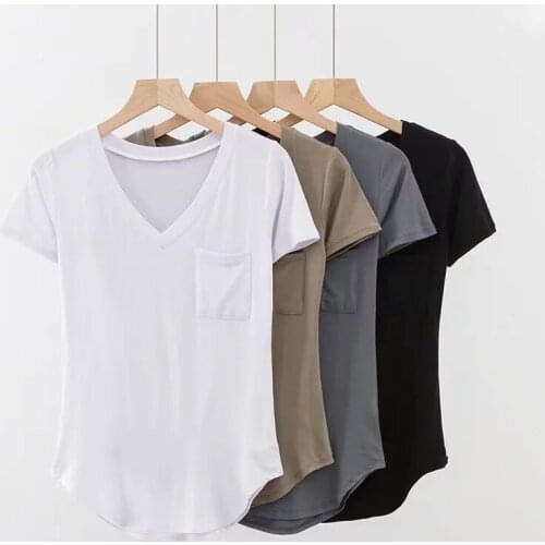 Ladies Modal T-shirt Solid Color V-Neck Curved Hem Short Sleeve Single Pocket Top Casual Loose