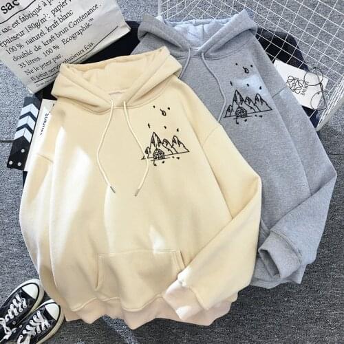 Harajuku Retro Mountain Print Sweatshirt Autumn Winter Long Sleeve Streetwear Hoodie Oversize Korean Casual Simple Hoody Ladies