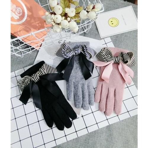 Women New Korean touch screen gloves five fingers cashmere womens streamers striped bow cute warm gloves
