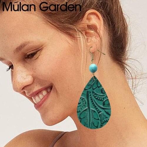 M&G Vintage Cowhide Leather Earrings for Women Water Drop Leaf Pendant Drop Earrings Fashion Jewelry Accessories Gift