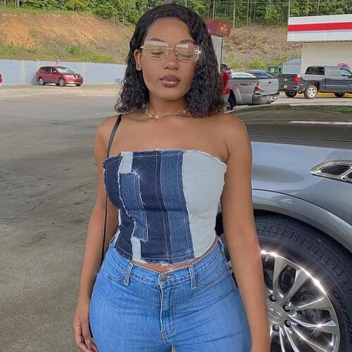 Sexy Patchwork Denim Crop Top Women Y2k Backless Cross Straps Vintage Sexy Hollow Out Strapless Tube Tops Summer Streetwear 2021