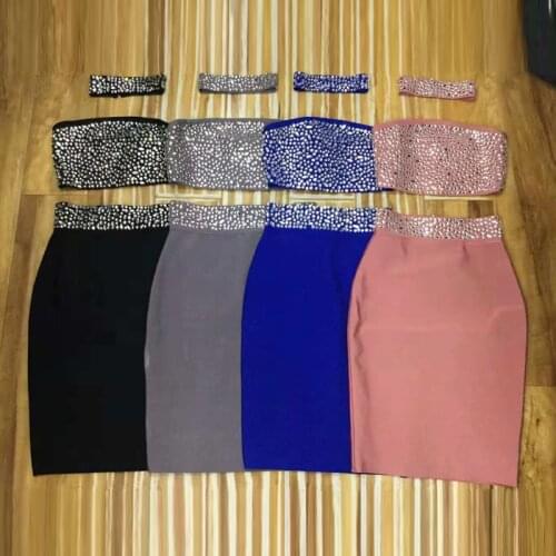 Luxury Shining Beading Celebrity Evening Party Dress High Quality Rayon Chic Two 2 Pieces Set Pink Blue Gray Black Bandage Dress