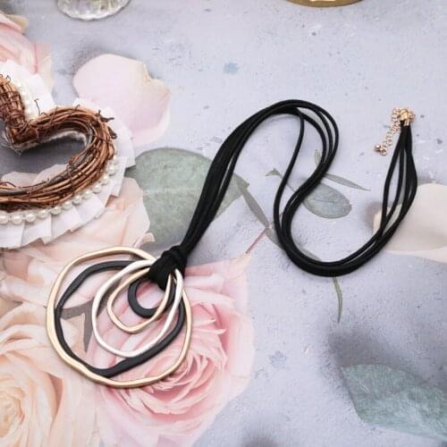 Black Rope Pendant Long Necklace Irregular Circles Charm Hammered Holiday Jewelry For Women