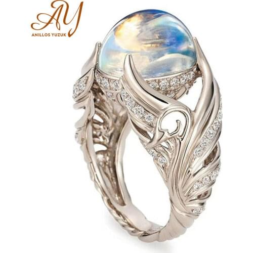 Anillos Yuzuk Silver 925 Jewelry Ring Vintage Colorful Big Circular Cut Ring Women Ring With Angel Wings Moonstone Femme Jewelry