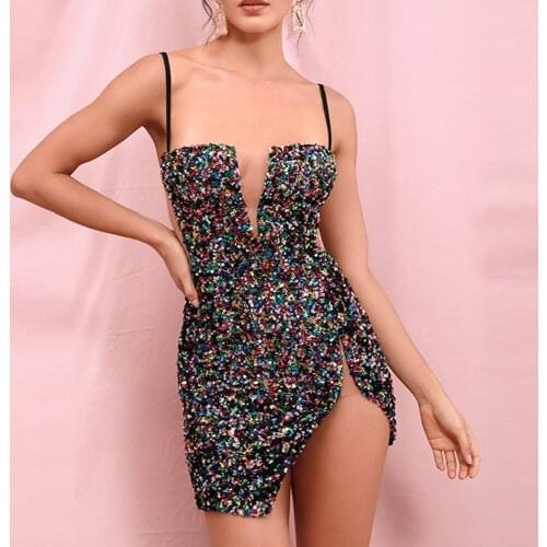 2020 New Arrival Black Silver Spaghetti Strap Sequin Dress Mini Club Sexy Summer Women Backless Celebrity party Vestidos