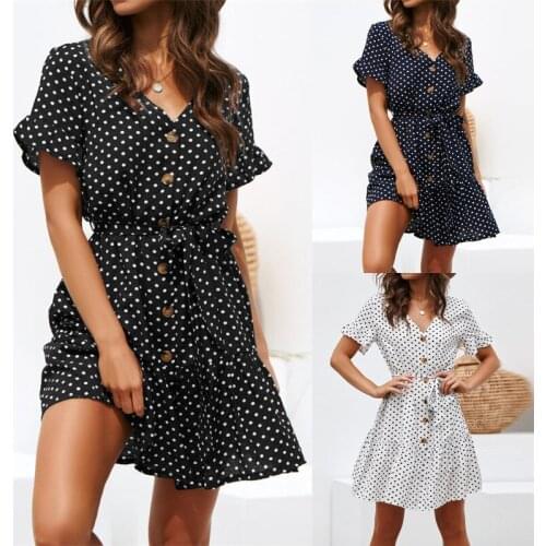 Dresses for women summer dress summer clothes American clothes robe polyester wave dot lace V-neck chiffon ladies dress vintage