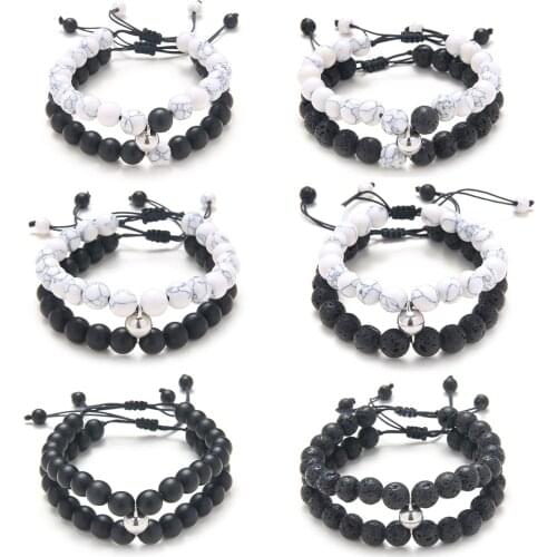 2PCS/Set Couple His Hers Lover Bracelets Sets Women Mens Distance Black White Beads Magnet Attract Charm Braiding Bracelet Sets