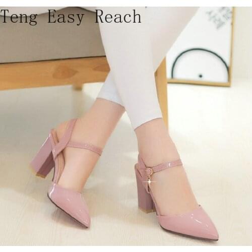 2021 Patent PU Leather Cheap Womens Shoes Pointed Toe Red White Block High Heels Summer Sandals Ankle Wrap Sandals