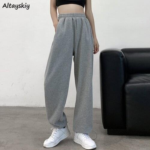 Casual Pants Women Elastic Waist Korean Style High Street Loose Female Spring Harajuku Mujer De Moda Straight Trouser Pure Color