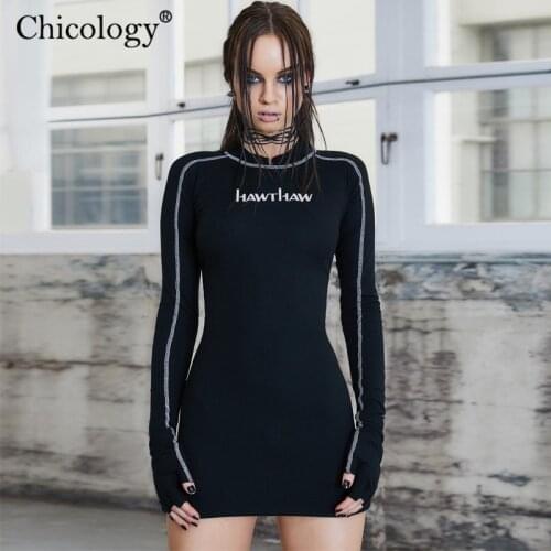 Chicology Goth Y2K Women Winter Fall Mini Dress Long Sleeve Bodycon Gothic Punk Fashion Club Outfits Streetwear 2020 Techwear