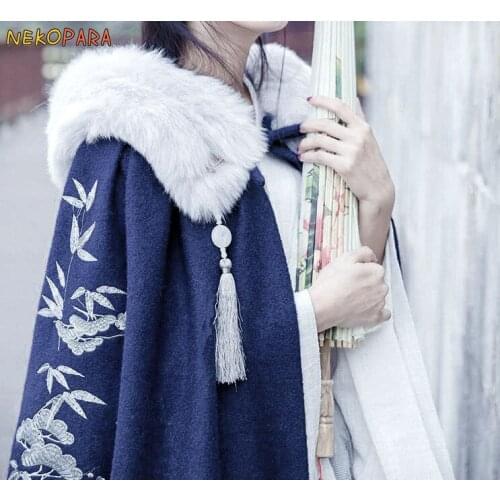 Long Wood-Pine Bamboo&Plum Blossoms Womens Winter Chinese Style Vintage Dress Fine Embroidery Hanfu Long Cloak 2Pcs Set Warm