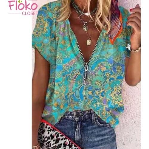 Flokocloset Summer Retro Print Zipper Short Sleeve T-shirt Casual Loose Y2k Women Tops Tees