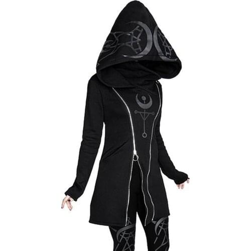 Gothic Punk Black Long Women Hoodies Sweatshirts 2021 Autumn Moon Print Long Sleeve Hoodie Women Loose Coat Hooded Sweatshirt L5