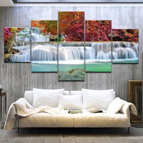 Canvas Painting Frame Wall Art Home Decor 5 Piece Red Maple Tree Lake Waterfall Landscape Poster For Living Room Pictures