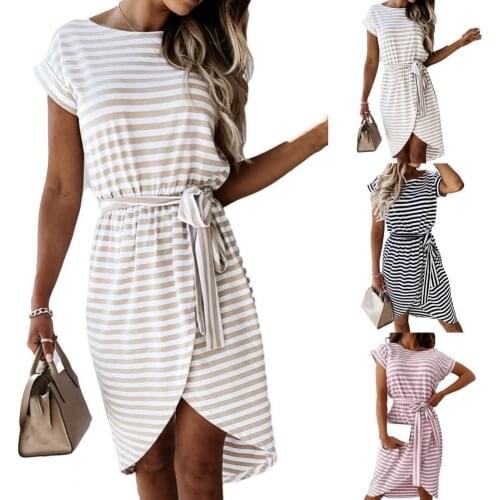 Summer Dress Striped Irregular Hem Women Round Neck Short Sleeve Dress Boho Sexy Party Sundress Vestidos For Female Plus Size