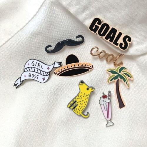 Fashion Brooches Cowboy Hat Tree Moustache GOALS Cool Cartoon Enamel Lapel Pins Clothes Coat Bag Badges For Women Men Kid Gifts