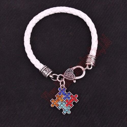 Autism Hope Jewelry Autism Awareness Crystal puzzle Piece Jigsaw Charm with 7.8" Pure White Leather chain Lobster Claw Bracelet