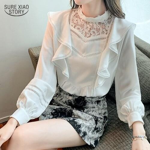 Stand-up Collar Lace Chiffon Shirt Autumn Fairy White Lantern Sleeve Top Elegant Crochet Hollow Ruffled Long Sleeve Blouse 16994