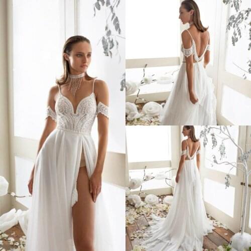 Chiffon Beach Wedding Dresses Boho Appliques High Side Split Backless Wedding Dress Spaghetti A Line Robes De Mariée