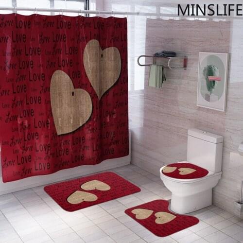 Valentines Day Love Pattern Shower Curtain Polyester Waterproof Bathroom Curtains Rug Sets Toilet Cover Red Mat Set Home Decor