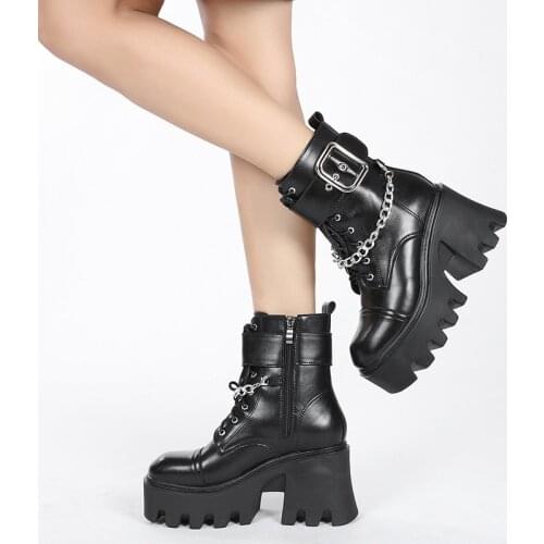 Autumn Winter Gothic Women Ankle Boots Fashion Metal Chain Patent Leather Female Short Boots Punk Style Ladies Shoes998