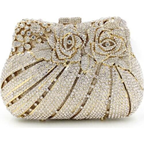 BL007 rose flower shape Luxury crystal Clutch bags bling rhinestone evening bags Gold women evening clutch bags party bag