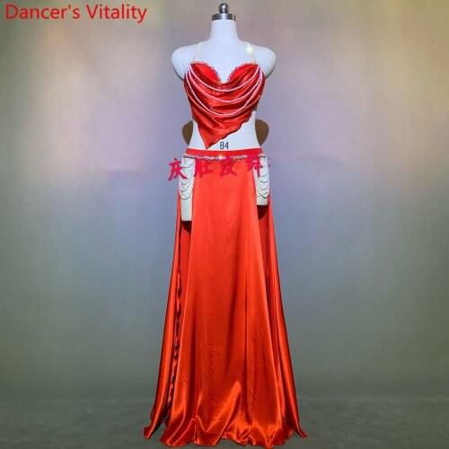 Women Belly Dance Competition Outfits Customized Satin Bead Bra Long Skirt Oriental Indian Drum Dancing Performance Costume