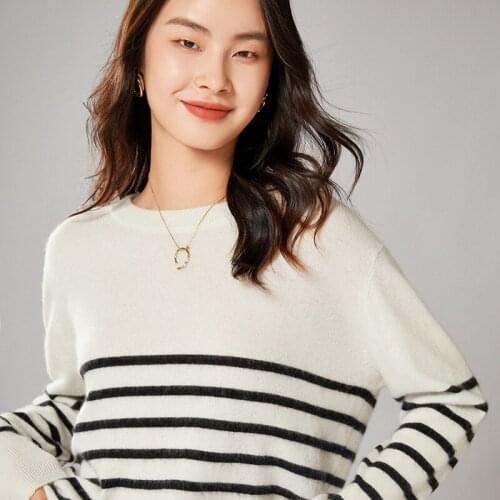 100% Merino Wool Sweater Women Pullover 2021 Autumn Winter Warm Soft O-Neck Long Sleeve Knitted Female Casual Striped Jumper