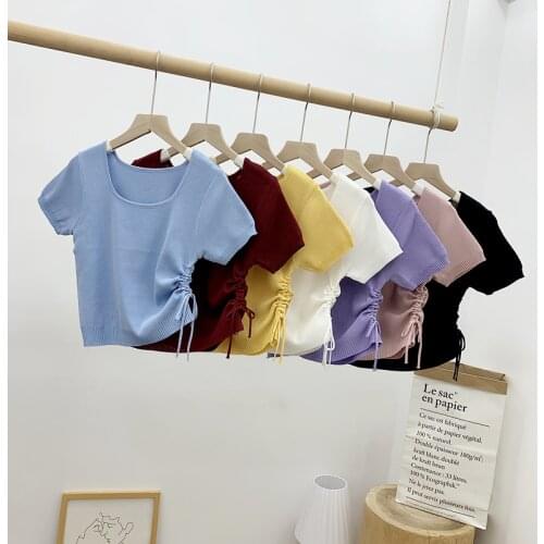 Harajuku Knitted Crop Top T Shirt Female Cropped Clothing Ladies Short Sleeve Shirring Solid White T-shirt Black Blouses Female