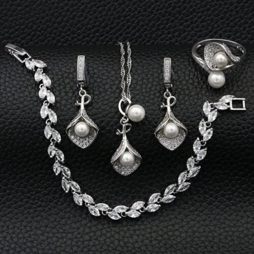 925 Silver Bridal Jewelry Sets for Women Wedding Decoration White Pearl Crystal Necklace/Earrings/Bracelet/Pendant/Ring
