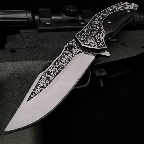 21.5CM (8.3') Folding Knife, Sharp Hunting Knife, Exquisite Forging Pattern, Black Wooden Inlaid Handle, Collection Gift