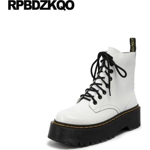 White Booties Front Lace Up Casual Ankle Boots Autumn Muffin Martin Flat Military Flatform Elevator Shoes Black Combat Brand