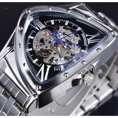 DUNCOUGAR Triangle Skeleton Dial Automatic Watch Black Silver Stainless Steel Waterproof Mechanical Watch Top Brand Men Clock