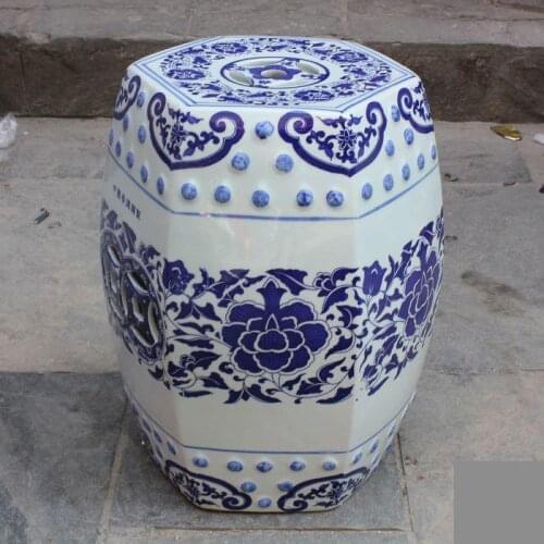 Jingdezhen Ceramic Stool Blue And White Six Angle Stool Porcelain Balcony Stool home Patio Bathroom Stool