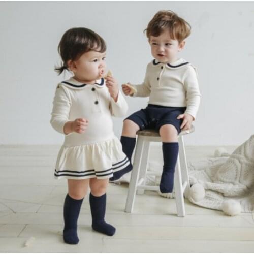 2021 Baby Creeping Suit Spring and Autumn New Cute Pure Cotton Navy College Wind Boys and Girls Baby One-piece Garment