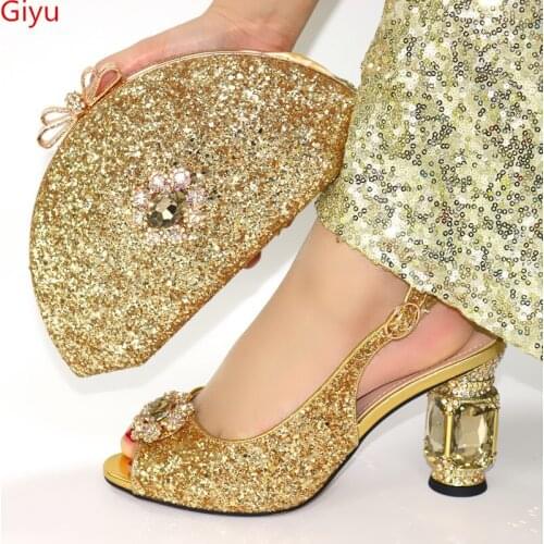 Doershow beautiful gold Shoes and Bag Set African Sets 2019 Italian Shoe Bag Set Decorated with Rhinestone High Quality! SFY1-9