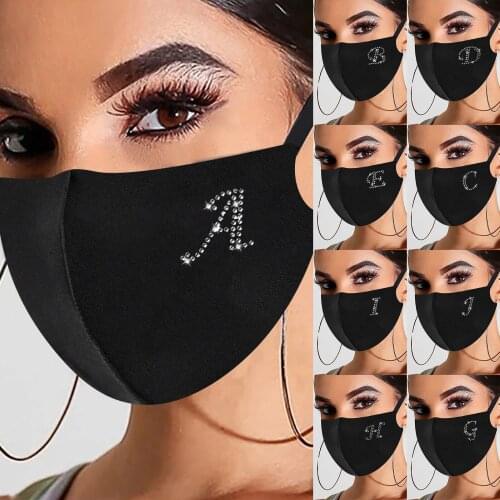 Letter Rhinestone Mask Alphabet Ice Silk Cotton Mask Black Personality Adult Cosplay Costumes Halloween Cycling Mouth Caps 2021