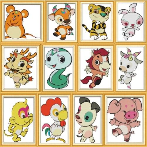 Chinese Zodiac Cartoon Cross-Stitching DMC14CT 11CT Count Printed Canvas DIY Handmade Needlework Cross-stitch Kits