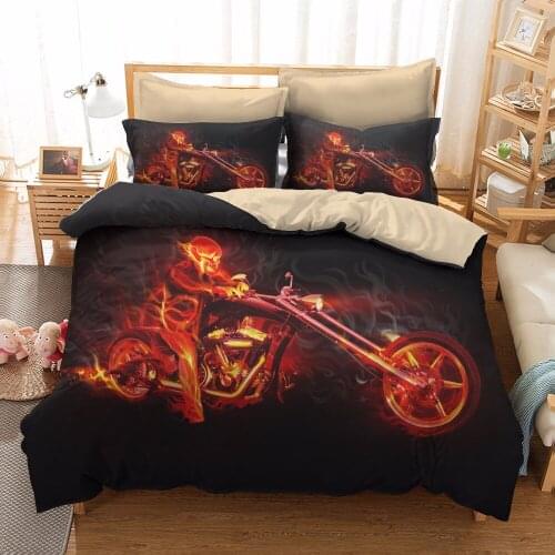 Motorcycle Skull Duvet Cover Set,Burning Fire Skull Skeleton Motorbike Rider Design,2/3pcs Decoration Bedding Set & Pillowcase