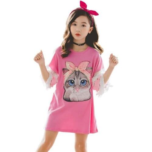 Girls Summer Dress Printing Round Neck Sequins Short Length Kids Mesh Stitching Bat Sleeve Dress for Vacation