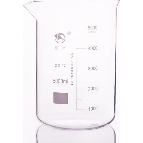 Beaker in low form,Capacity 5000ml,Outer diameter=178mm,Height=275mm,Laboratory beaker