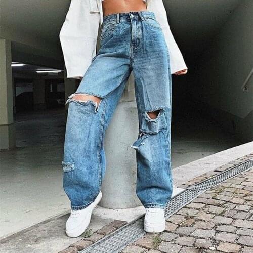 Trendy Solid Color Retro Casual Jeans High Waist Washed Hole Straight Pants Women Ladies Wild Daily Streetwear Chic Trousers