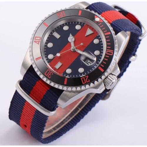 40MM Blue Red Dial Sapphire Glass Ceramic Bezel Seeing Case Back MIYOTA 8215 Automatic Mens Wristwatch