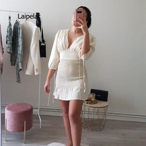 Spring New Women Elegant Mini Dress Long Sleeve V-Neck Party Wedding Lady Dress Fashion Solid Holiday Female Clothing