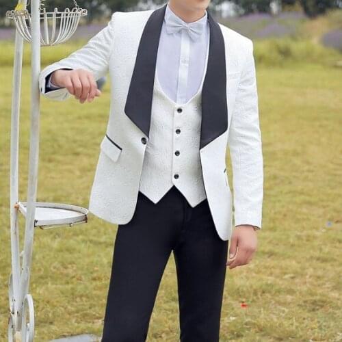 Newest Groomsmen White and Black Groom Tuxedos Shawl Lapel Men Suits Wedding Best Man ( Jacket+Pants+Bow Tie+Vest ) C664