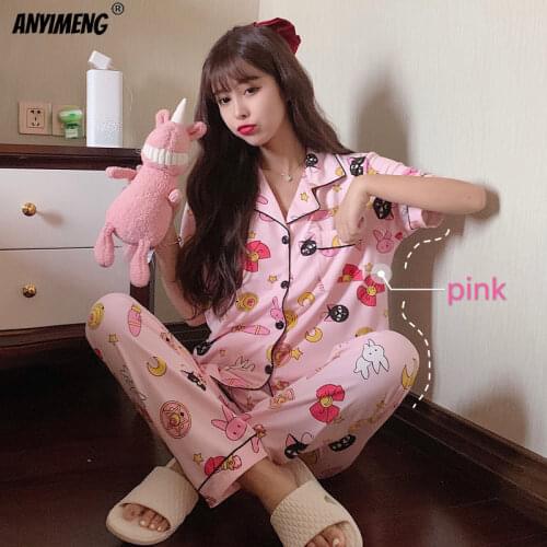 Turn Down Collar Homesuit Homeclothes Sleepwear Woman Clothes Pajamas Set Short Sleeve Long Pants Printing Summer Pj Set