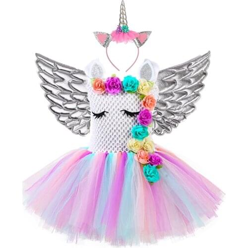 Pastel Unicorn Tutu Dress Baby Kids Girls Flowers Birthday Masquerade Party Dresses Child Purim Day Halloween Christmas Costume